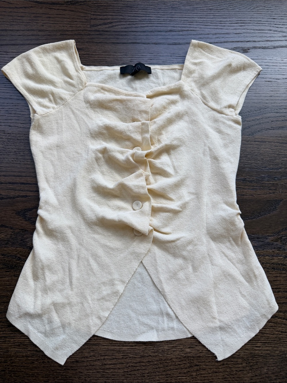 Zara Cream Ruched Short-Sleeve Button Front Top